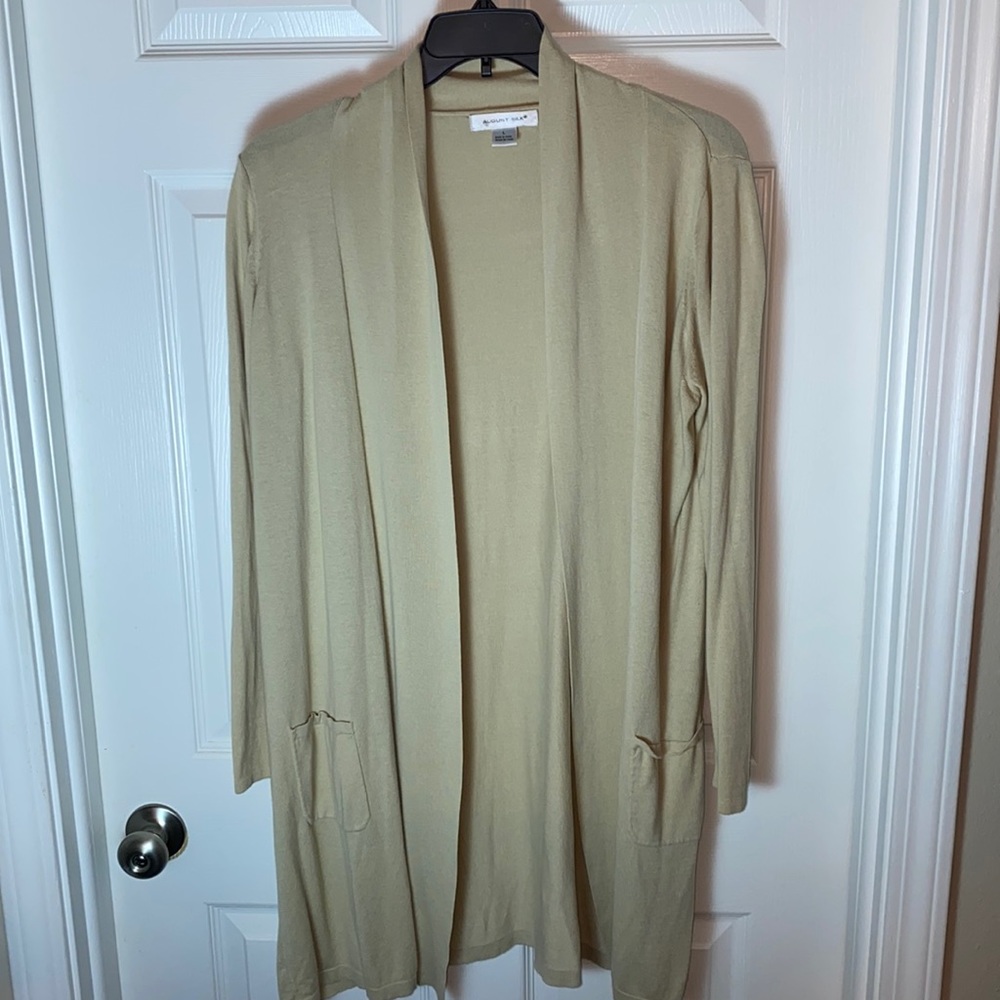 August Silk Open Front Cardigan faux pockets size Large Tan